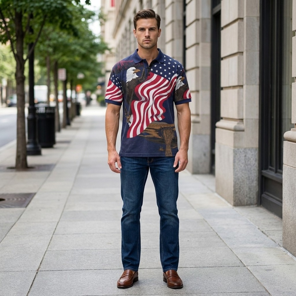 Cotton Traders Sport Polo Shirt Men's XL All-Over Print American Flag Bald Eagle